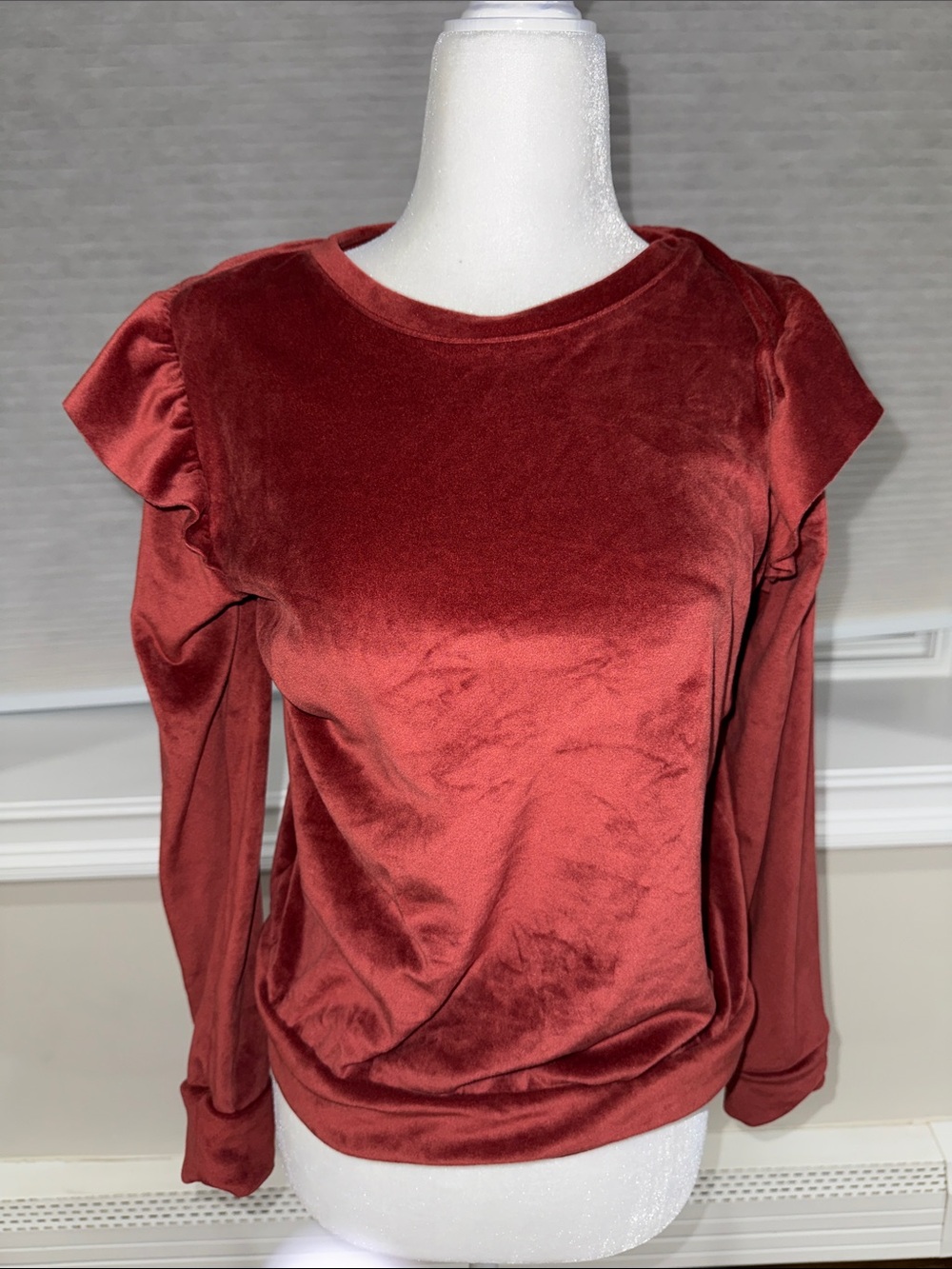 LC Lauren Conrad Rust Red Velvet Ruffle Shoulder Sweatshirt